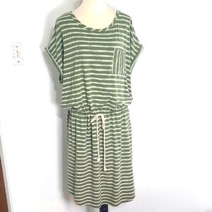 Terra & Sky Olive & White Striped Dress, Drawstring Waist & Side Pockets, Sz 1X